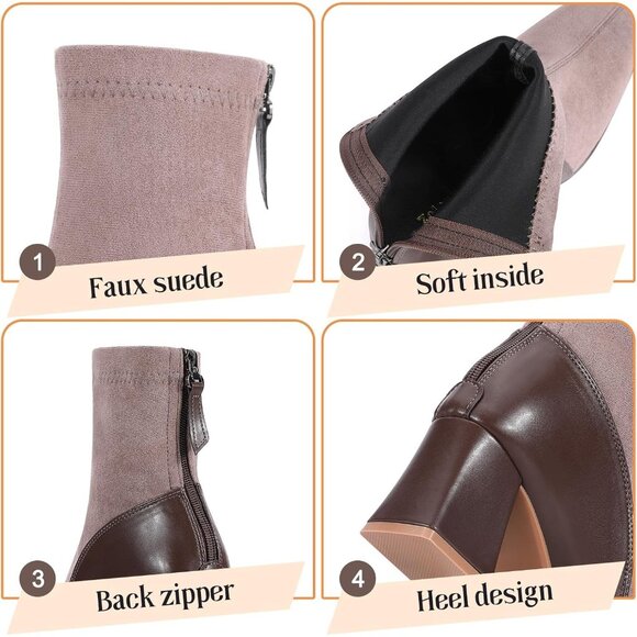 Women's Brown Square Toe Low Block Heel Chelsea Back Zipper Mid Calf Booties - Picture 3 of 6